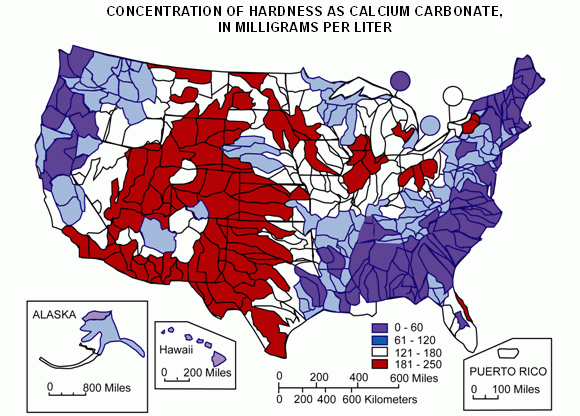 Map showing the hardness of water throughout the United States